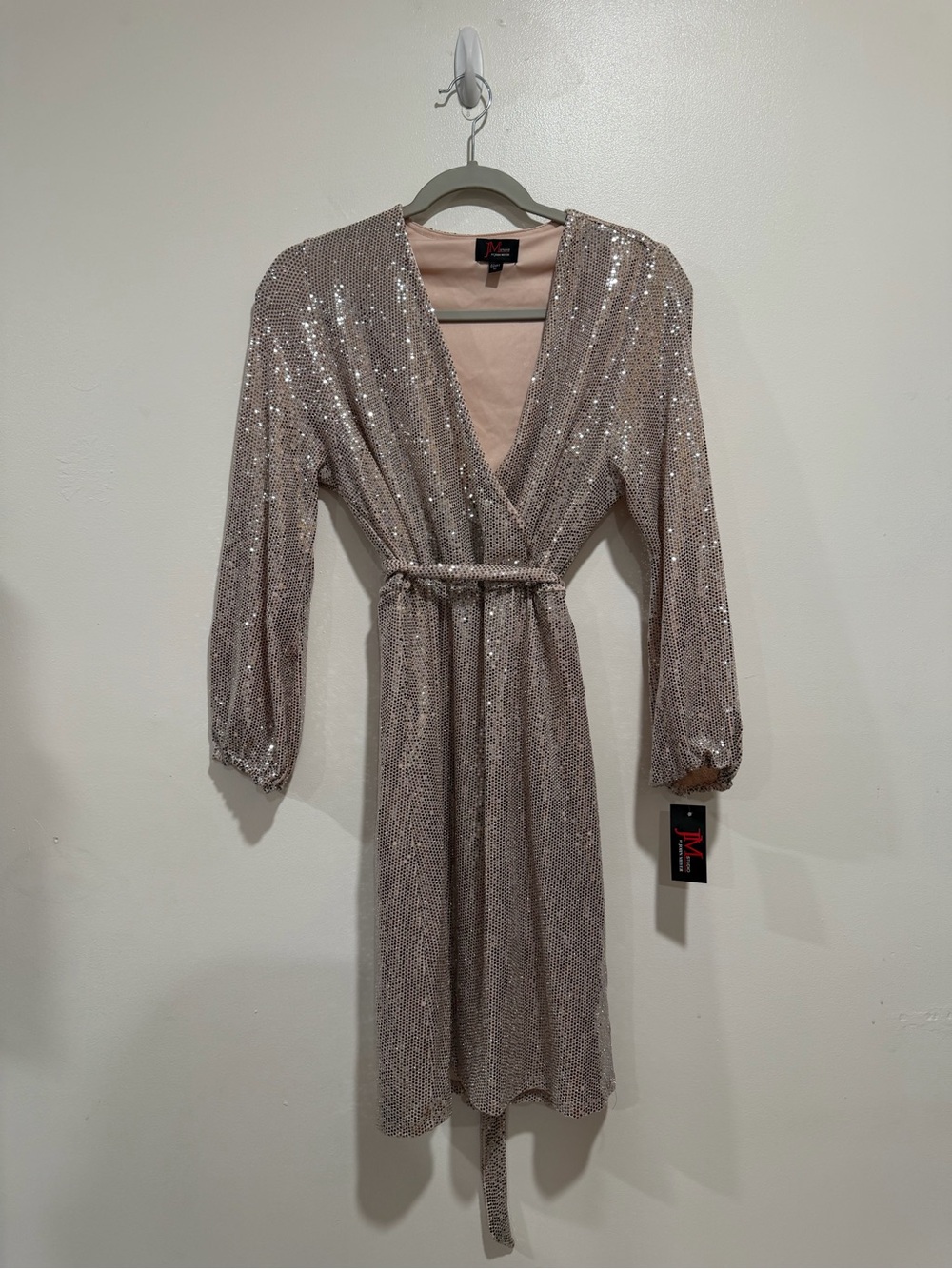 JM studio Rose Gold Sequin Wrap Dress Long Sleeve Tie Waist 10